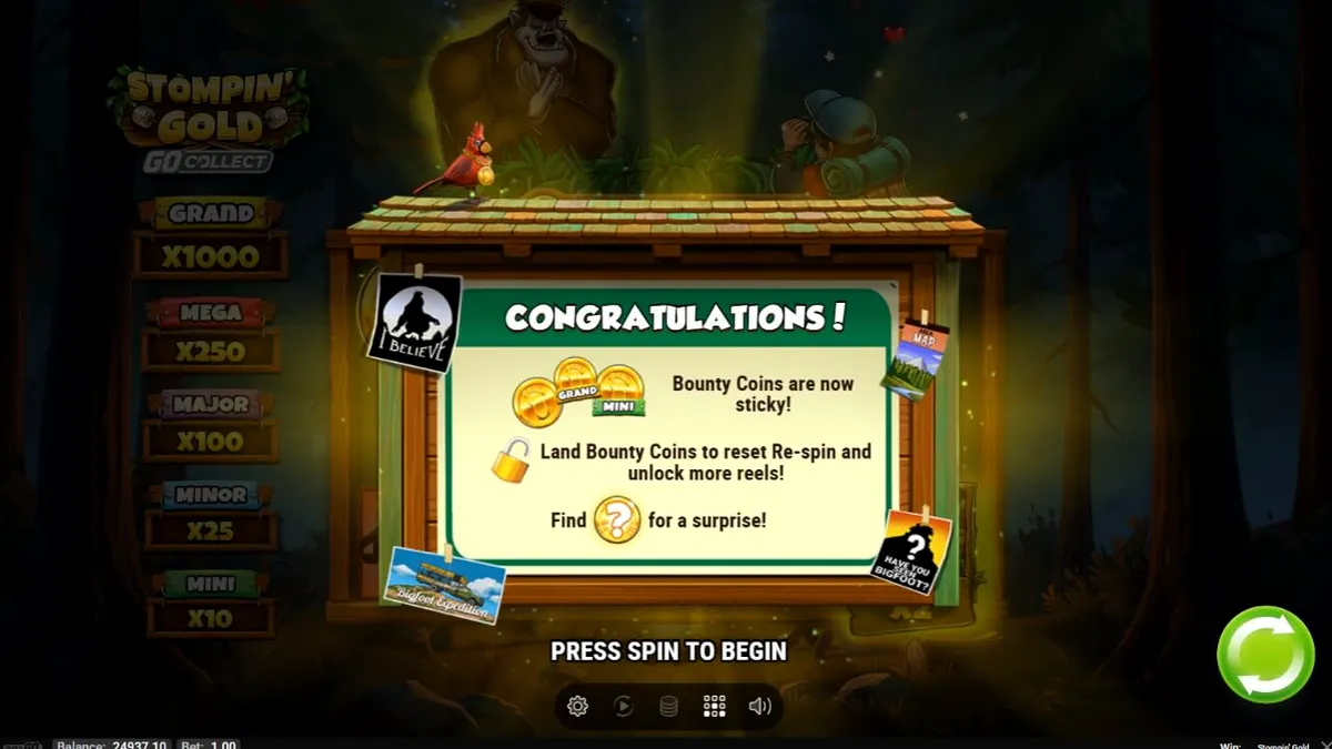 Pemandangan hutan petualangan dalam slot Stompin’ Gold GO Collect